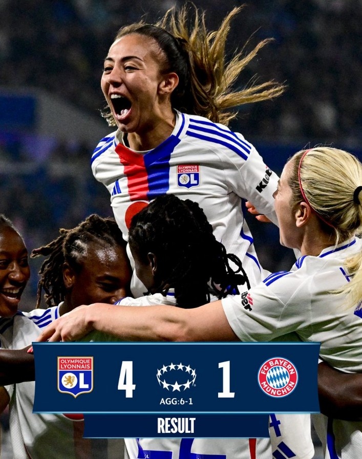 里昂女足4-1大勝拜仁女足，總比分6-1晉級(jí)女足歐冠半決賽